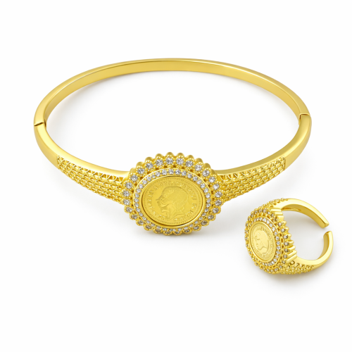 Elegant Gold Lira Bracelet & Ring Set with Sparkling Crystals