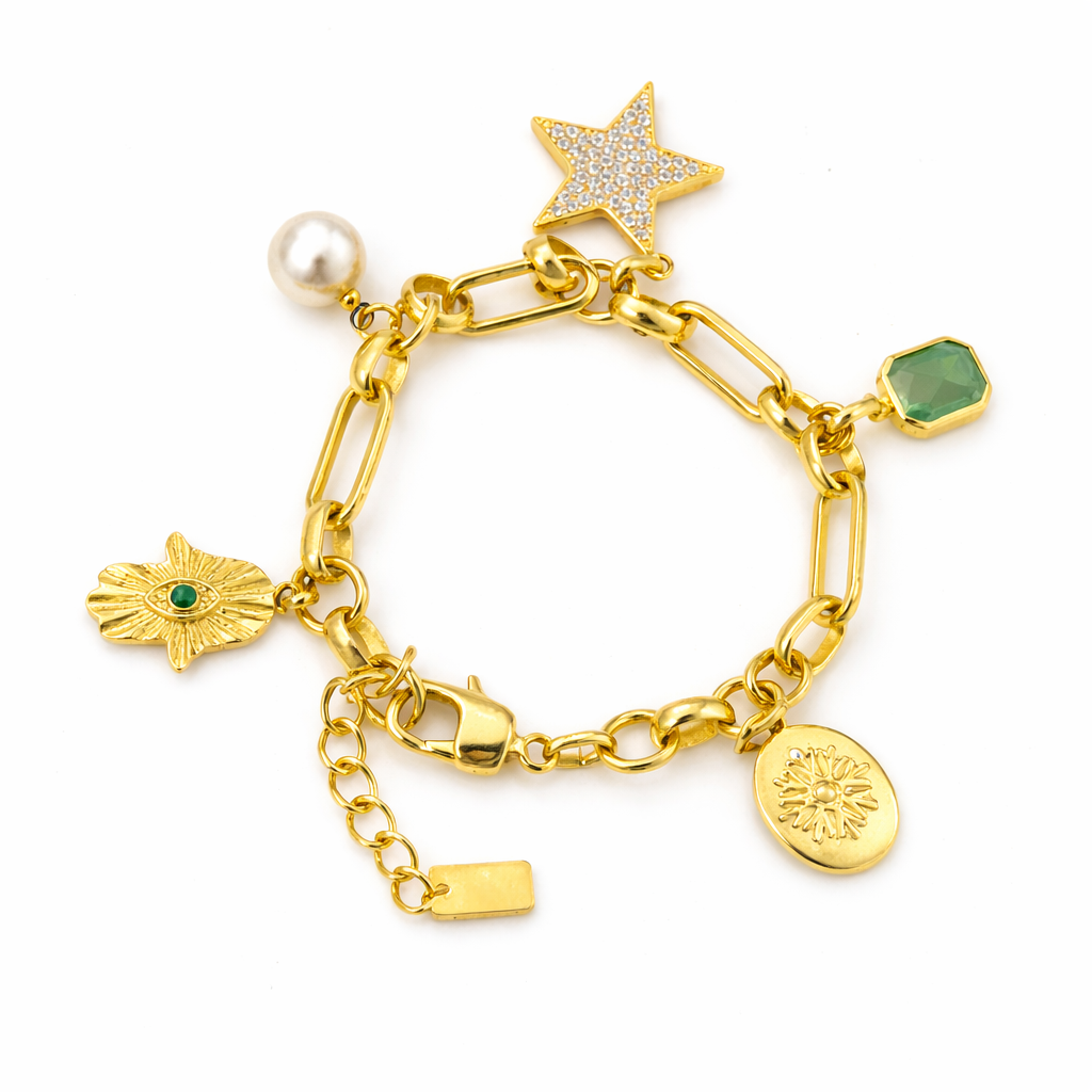 Gold Bracelet with Stones & Pearls
