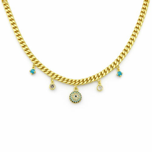 Gold Necklace with Turquoise Stone & Crystals
